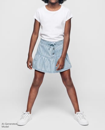 Jupe-short en chambray à plis et boutons-pression pour fille