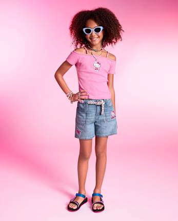 Girls Hello Kitty® Embroidered Midi Jean Shorts