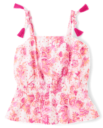 Girls Paisley Tassel Bow Shoulder Tank Top