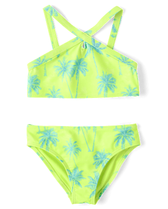 Girls Palm Tree Cross Front Bikini Swimsuit