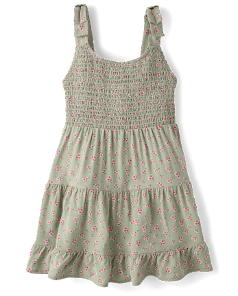 Girls Floral Smocked Bow Shoulder Dress
