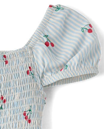 Robe rayée à fleurs cerises pour filles, taille en V et smocks