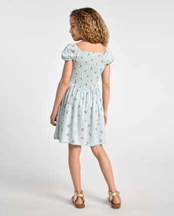 Robe rayée à fleurs cerises pour filles, taille en V et smocks