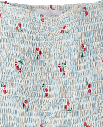 Robe rayée à fleurs cerises pour filles, taille en V et smocks