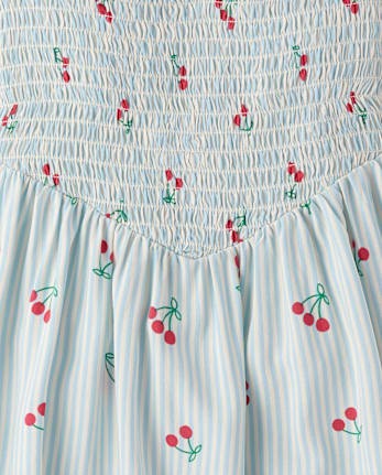 Robe rayée à fleurs cerises pour filles, taille en V et smocks