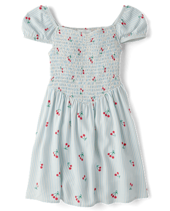 Robe rayée à fleurs cerises pour filles, taille en V et smocks