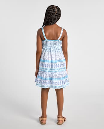 Girls Print Textured Bow Shoulder Dress