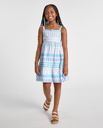 Girls Print Textured Bow Shoulder Dress