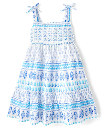 Girls Print Textured Bow Shoulder Dress