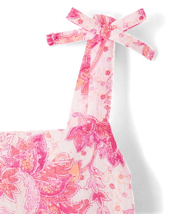 Girls Print Textured Bow Shoulder Dress