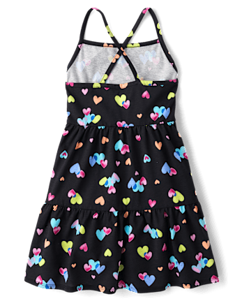 Girls Rainbow Heart Cross Back Tiered Dress