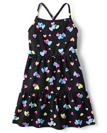 Girls Rainbow Heart Cross Back Tiered Dress