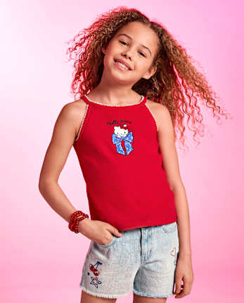 Girls Hello KittyÂ® Bow High Neck Ribbed Tank Top