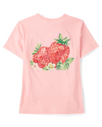 T-shirt graphique décontracté pour filles, motif fraise devant et derrière