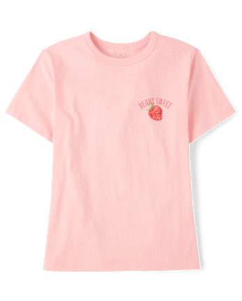 T-shirt graphique décontracté pour filles, motif fraise devant et derrière