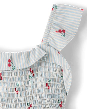 Toddler Girls Striped Cherry Smocked Ruffle Dress