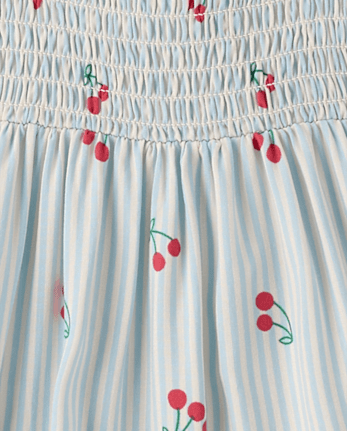 Toddler Girls Striped Cherry Smocked Ruffle Dress