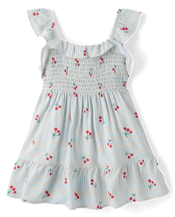 Toddler Girls Striped Cherry Smocked Ruffle Dress