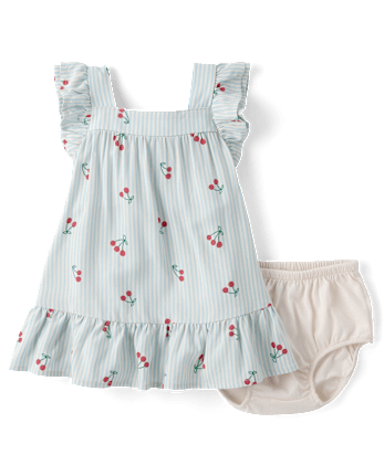 Baby Girls Striped Cherry Ruffle Dress