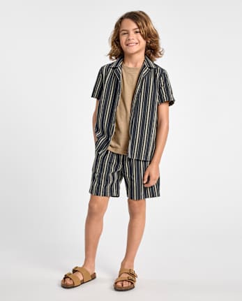 Boys Embroidered Textured Button Up Shirt