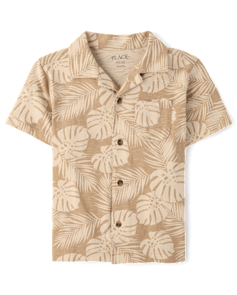 Chemise boutonnée en maille à motif de feuilles tropicales pour garçon