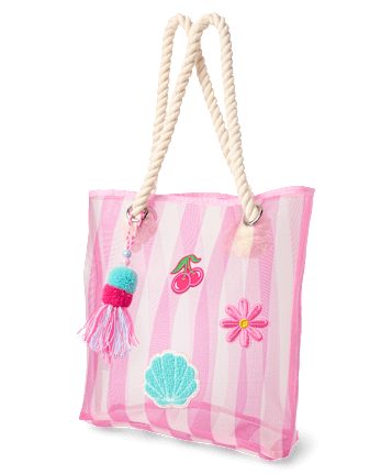 Girls Striped Embroidered Patch Beach Tote Bag
