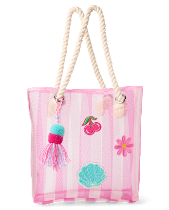 Girls Striped Embroidered Patch Beach Tote Bag