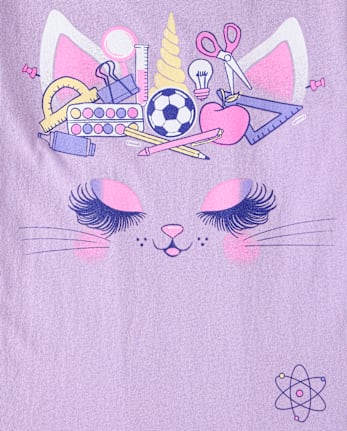 Girls School Cat Face Graphic Tee