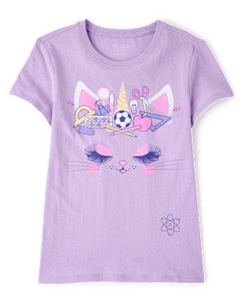 Girls School Cat Face Graphic Tee