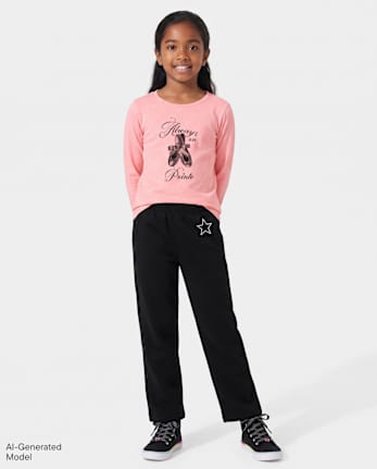 Pantalon de survêtement à jambes larges en polaire premium orné pour filles - BLACK