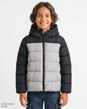 Boys Colorblock Hooded Puffer Jacket - BLACK