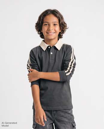 Boys Side Stripe Rugby Polo - MOTOROIL