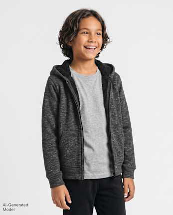 Boys Marled Fleece Sherpa-Lined Zip Up Hoodie - BLACK