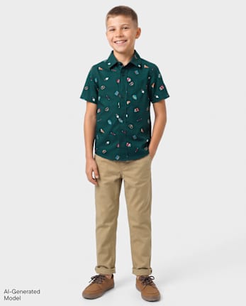 Boys Roll Cuff Pull On Chino Pants - FLAX