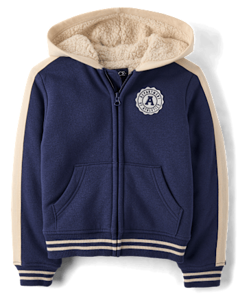 Boys Embroidered Varsity Premium Fleece Sherpa Lined Zip Up Hoodie