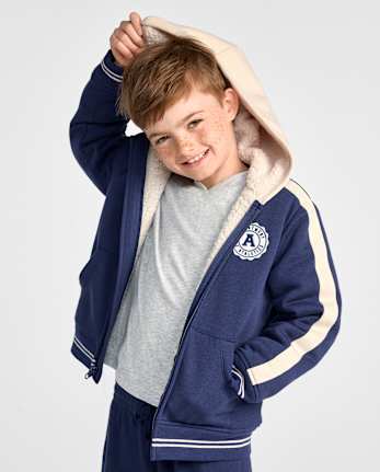 Boys Embroidered Varsity Premium Fleece Sherpa Lined Zip Up Hoodie