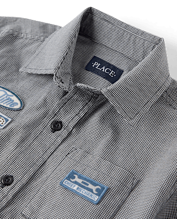 Boys Embroidered Mechanic Patch Poplin Button Up Shirt