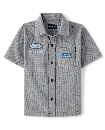Boys Embroidered Mechanic Patch Poplin Button Up Shirt