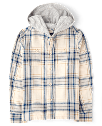 Boys Plaid Flannel Hooded Button Up Shirt