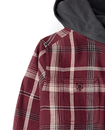 Boys Plaid Flannel Hooded Button Up Shirt