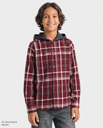 Boys Plaid Flannel Hooded Button Up Shirt - DEEP WINE