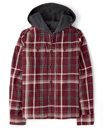 Boys Plaid Flannel Hooded Button Up Shirt