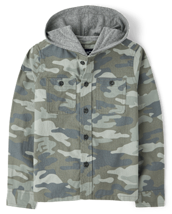 Boys Camo Hooded Button Up Shirt