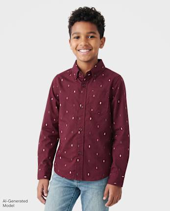Boys Print Poplin Button Up Shirt - DEEP WINE