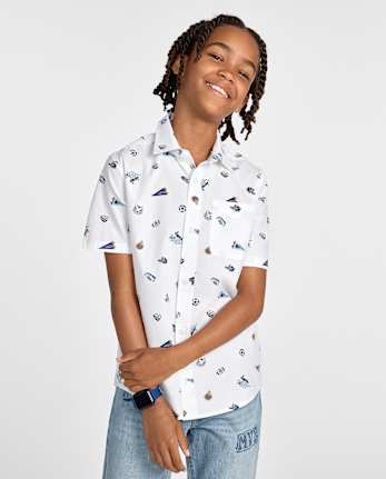 Boys Print Poplin Button Up Shirt