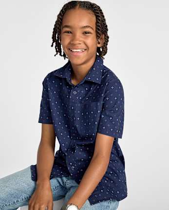 Boys Print Poplin Button Up Shirt