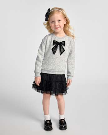Robe sweat-shirt à nœud en dentelle pour bébés et petites filles