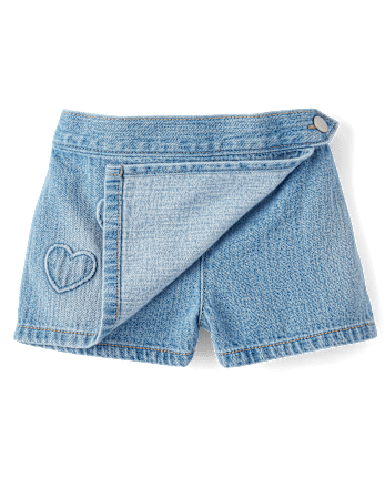 Toddler Girls Embroidered Heart Faux Wrap Denim Skort
