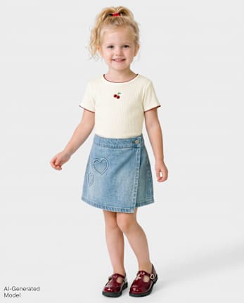 Jupe-short portefeuille en jean brodée d'un cœur pour petites filles - MYLAH WASH
