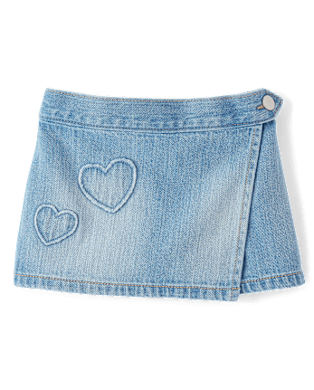 Toddler Girls Embroidered Heart Faux Wrap Denim Skort